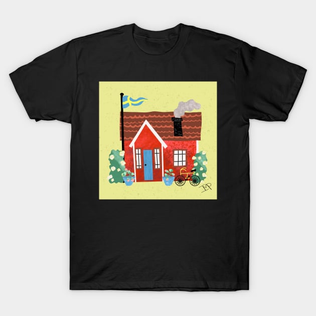 Swedish Summer Cottage with Flags - Midsommar Stuga - Yellow Background T-Shirt by Ipoole